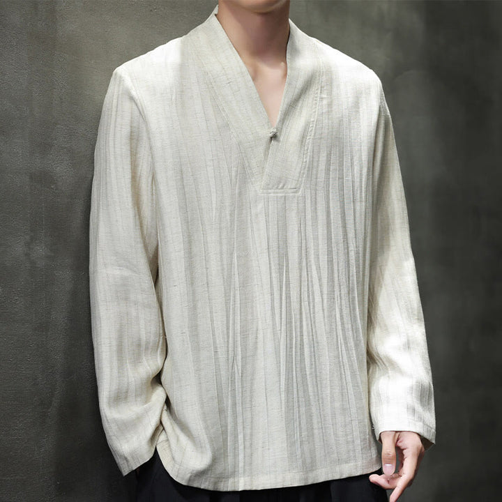 Buddha Stones無地 Vネック 長袖 メンズ リネンシャツ - リネン - US/UK/AU46、 EU56 (5XL) - image 9