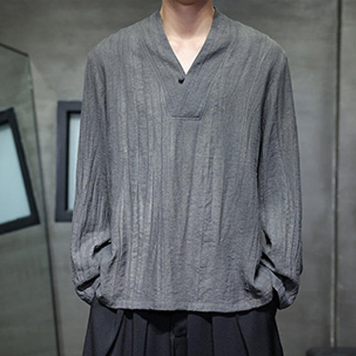 Buddha Stones無地 Vネック 長袖 メンズ リネンシャツ - image 3