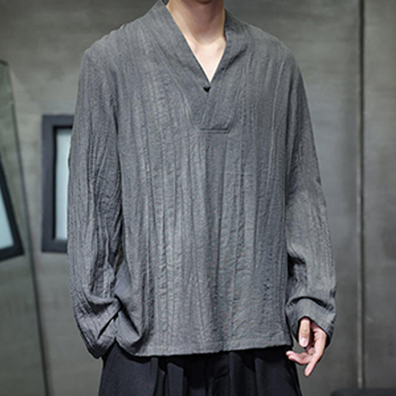 Buddha Stones無地 Vネック 長袖 メンズ リネンシャツ - image 7