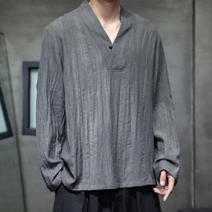 Buddha Stones無地 Vネック 長袖 メンズ リネンシャツ - image 7