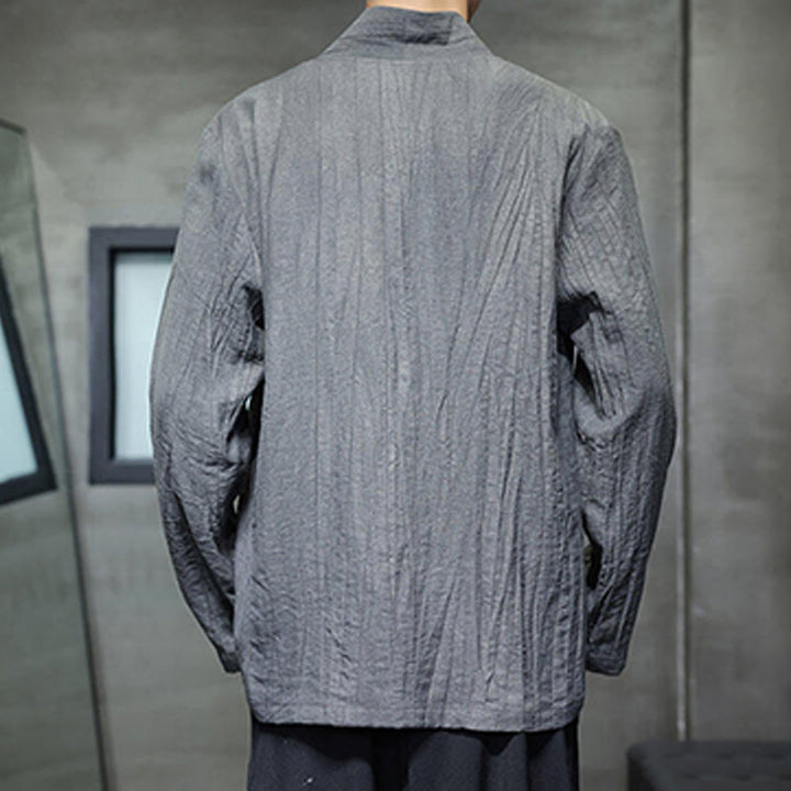 Buddha Stones無地 Vネック 長袖 メンズ リネンシャツ - image 2