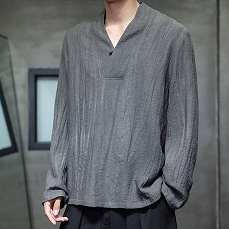 Buddha Stones無地 Vネック 長袖 メンズ リネンシャツ - image 4