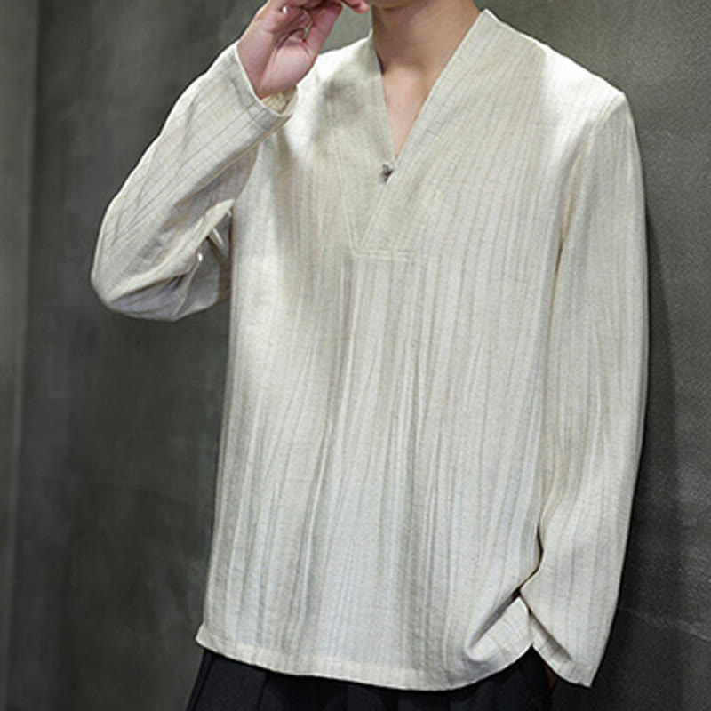 Buddha Stones無地 Vネック 長袖 メンズ リネンシャツ - image 16