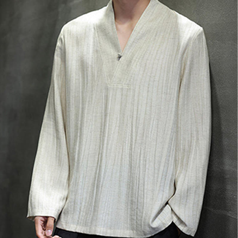 Buddha Stones無地 Vネック 長袖 メンズ リネンシャツ - image 15