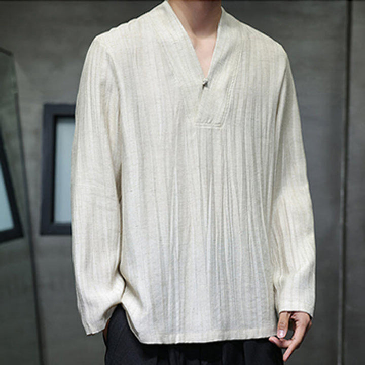 Buddha Stones無地 Vネック 長袖 メンズ リネンシャツ - image 13