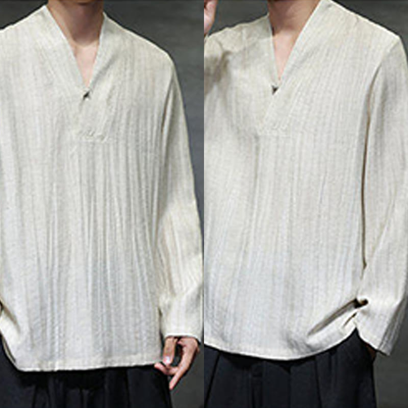 Buddha Stones無地 Vネック 長袖 メンズ リネンシャツ - image 14