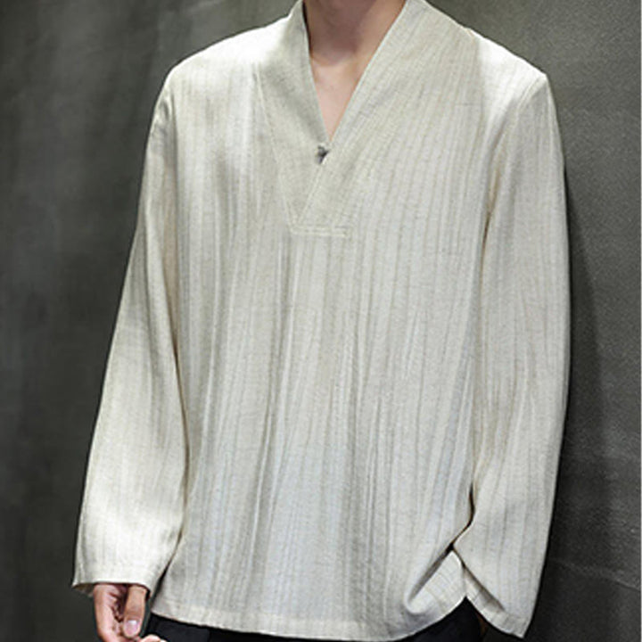 Buddha Stones無地 Vネック 長袖 メンズ リネンシャツ - image 15