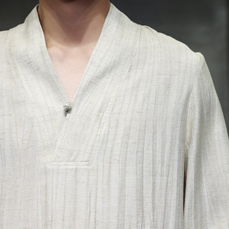 Buddha Stones無地 Vネック 長袖 メンズ リネンシャツ - image 18