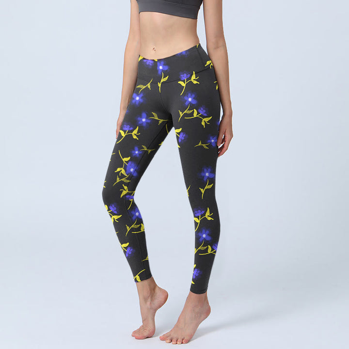 Buddha Stonesブルー 花 葉柄 プリント ジムレギンス レディース ヨガパンツ - 黒 - US18、 UK/AU22、 EU50 (4XL) - image 1
