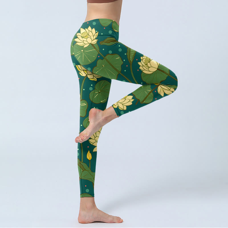 Buddha Stones、蓮の花、蓮の葉の模様プリントのジムレギンス、レディースヨガパンツ - image 4