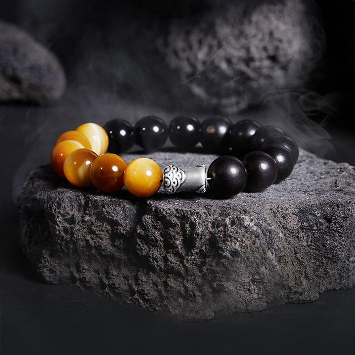 Buddha Stones 999スターリングシルバー エボニー タイガーアイ ブラックオブシディアン リラックスブレスレット