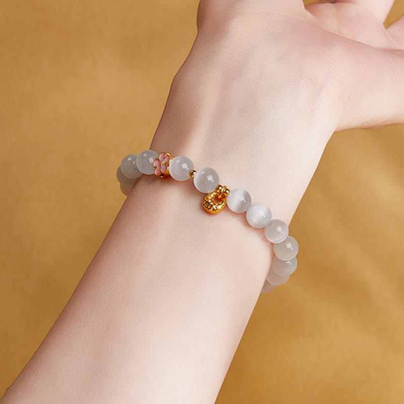 Buddha Stones925スターリングシルバー 天然ピーチブロッサム ホワイトキャッツアイ幸運を呼ぶブレスレット - image 8