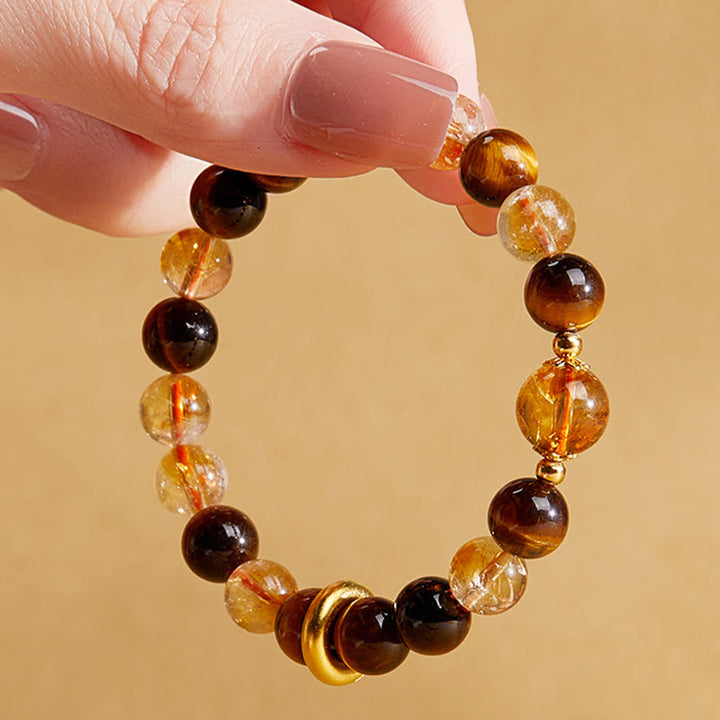 Buddha Stones 999スターリングシルバー 天然シトリン タイガーアイ ピースバックル プロテクションブレスレット