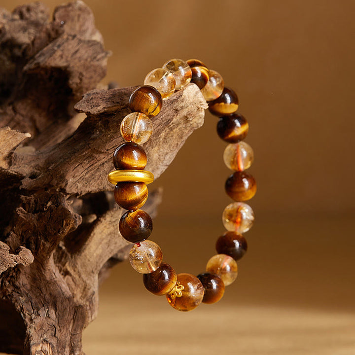 Buddha Stones 999スターリングシルバー 天然シトリン タイガーアイ ピースバックル プロテクションブレスレット