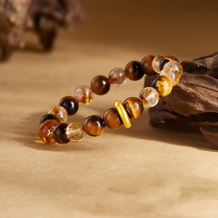 Buddha Stones 999スターリングシルバー 天然シトリン タイガーアイ ピースバックル プロテクションブレスレット