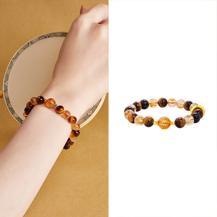 Buddha Stones 999スターリングシルバー 天然シトリン タイガーアイ ピースバックル プロテクションブレスレット