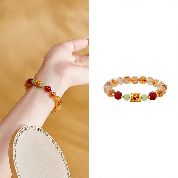 Buddha Stones 999スターリングシルバー 天然シトリン レッドアゲート 和田翡翠ビーズ 守護ブレスレット