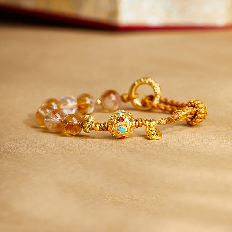 Buddha Stones 925スターリングシルバー 天然シトリン ホワイトクリスタル平和のお守りチャーム意味 福 性格 保護 編み込み ストリングブレスレット - シトリン（手首周り：14～18cm） - image 0
