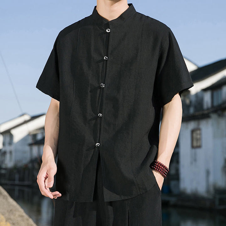 Buddha Stones夏用 無地 フロントボタンデザイン メンズ 半袖 コットンシャツ - image 13