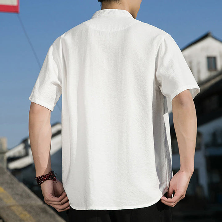 Buddha Stones夏用 無地 フロントボタンデザイン メンズ 半袖 コットンシャツ - image 8