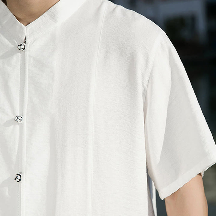 Buddha Stones夏用 無地 フロントボタンデザイン メンズ 半袖 コットンシャツ - image 10