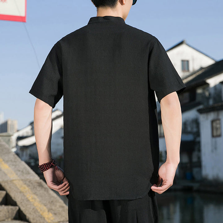 Buddha Stones夏用 無地 フロントボタンデザイン メンズ 半袖 コットンシャツ - image 15