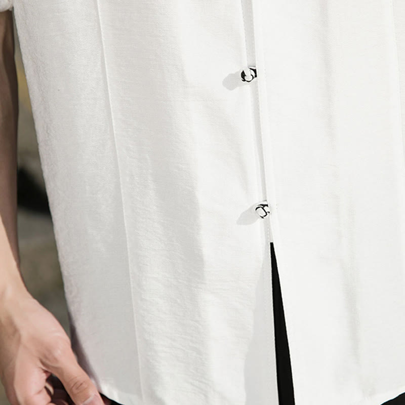 Buddha Stones夏用 無地 フロントボタンデザイン メンズ 半袖 コットンシャツ - image 11