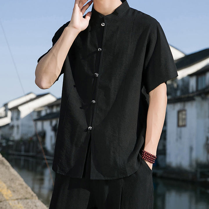 Buddha Stones夏用 無地 フロントボタンデザイン メンズ 半袖 コットンシャツ - image 14