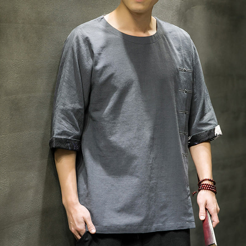 Buddha Stones夏 レトロ 無地 パッチワークデザイン メンズ 七分袖 コットン リネン Tシャツ - image 19