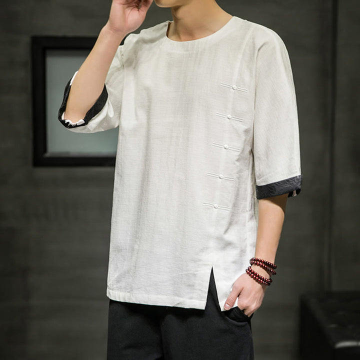 Buddha Stones夏 レトロ 無地 パッチワークデザイン メンズ 七分袖 コットン リネン Tシャツ - image 24