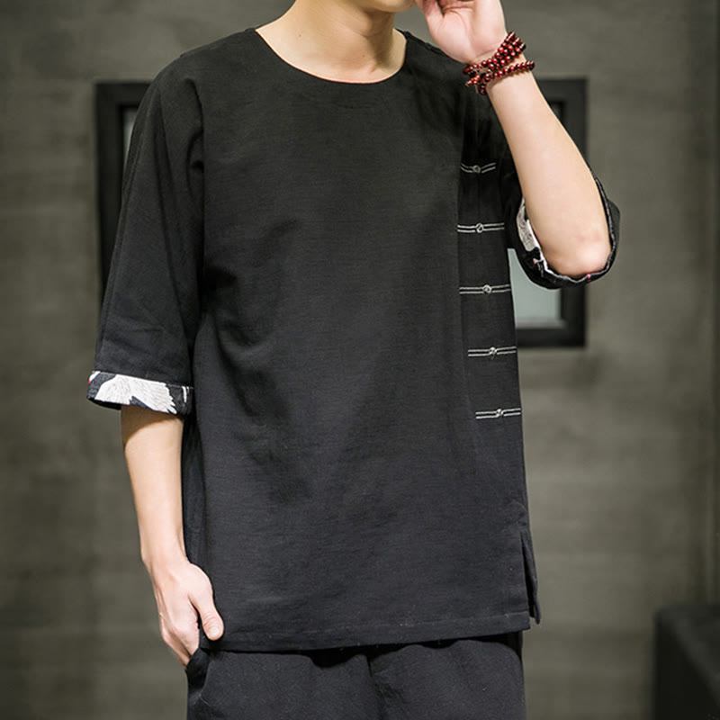 Buddha Stones夏 レトロ 無地 パッチワークデザイン メンズ 七分袖 コットン リネン Tシャツ - 黒 - US/UK/AU46、 EU56 (5XL) - image 0