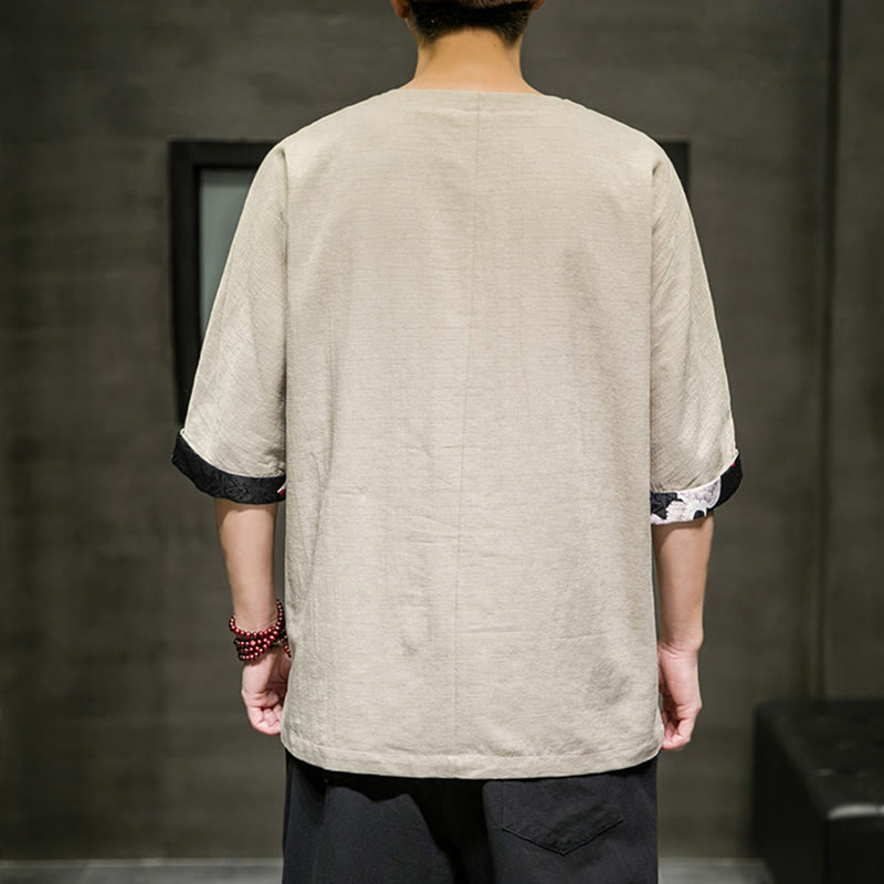 Buddha Stones夏 レトロ 無地 パッチワークデザイン メンズ 七分袖 コットン リネン Tシャツ - image 9