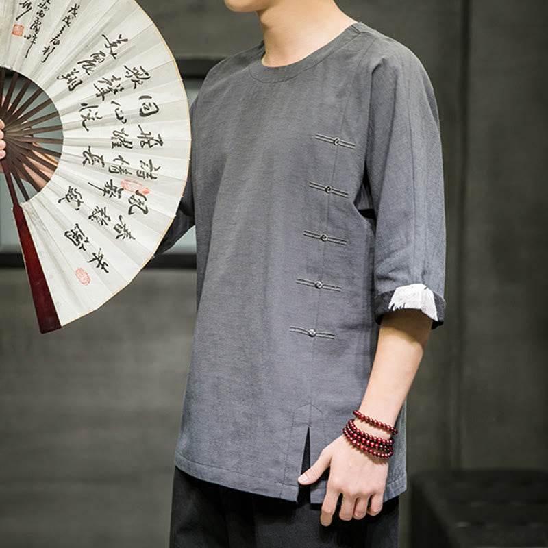 Buddha Stones夏 レトロ 無地 パッチワークデザイン メンズ 七分袖 コットン リネン Tシャツ - image 20