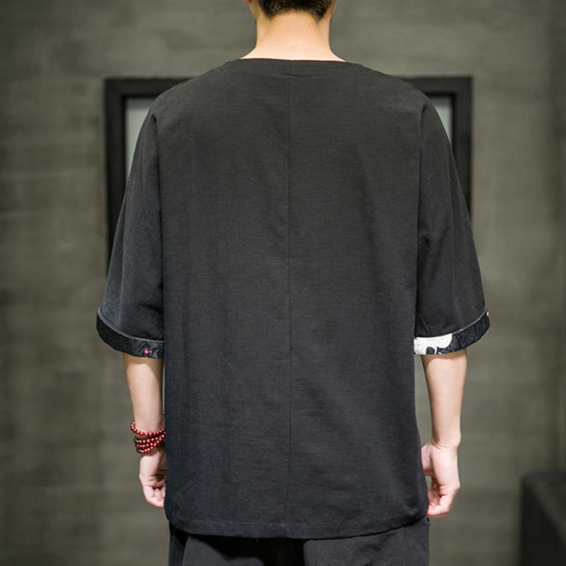 Buddha Stones夏 レトロ 無地 パッチワークデザイン メンズ 七分袖 コットン リネン Tシャツ - image 3