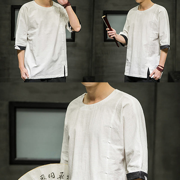 Buddha Stones夏 レトロ 無地 パッチワークデザイン メンズ 七分袖 コットン リネン Tシャツ - image 32