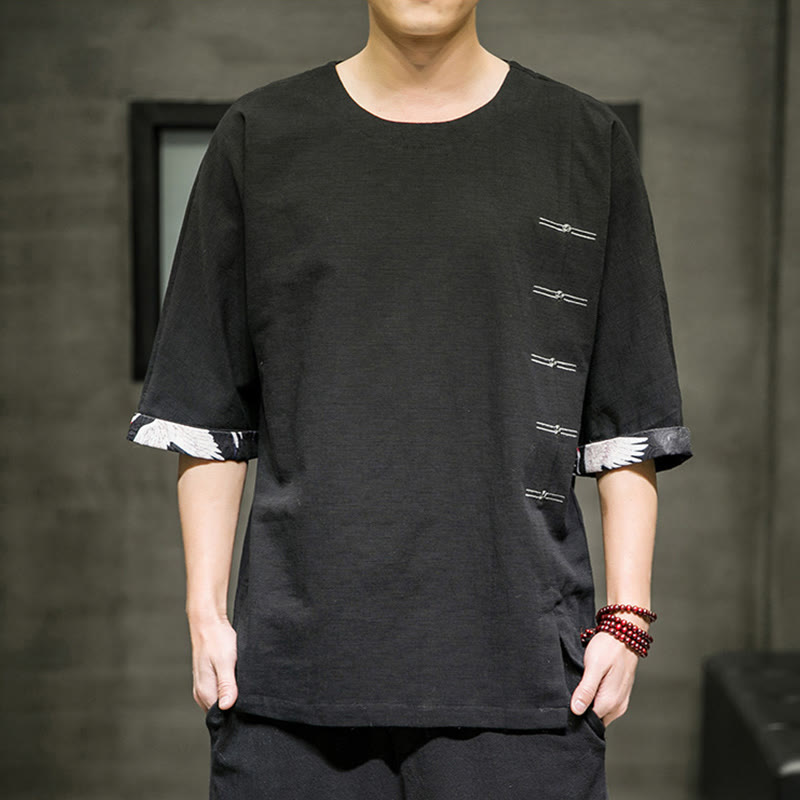 Buddha Stones夏 レトロ 無地 パッチワークデザイン メンズ 七分袖 コットン リネン Tシャツ - image 1