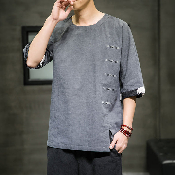 Buddha Stones夏 レトロ 無地 パッチワークデザイン メンズ 七分袖 コットン リネン Tシャツ - image 15