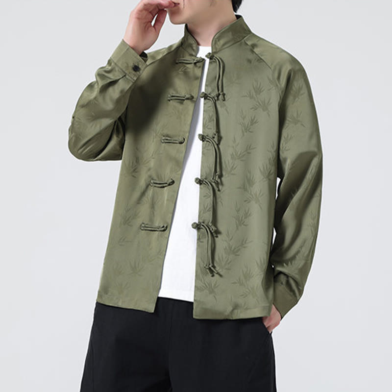 Buddha Stones春ジャカード竹の葉柄中国風カエルボタンデザインメンズ長袖シャツ - image 7