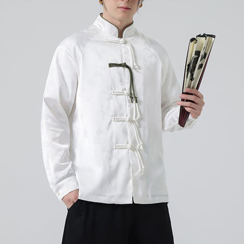 Buddha Stones春ジャカード竹の葉柄中国風カエルボタンデザインメンズ長袖シャツ - image 17