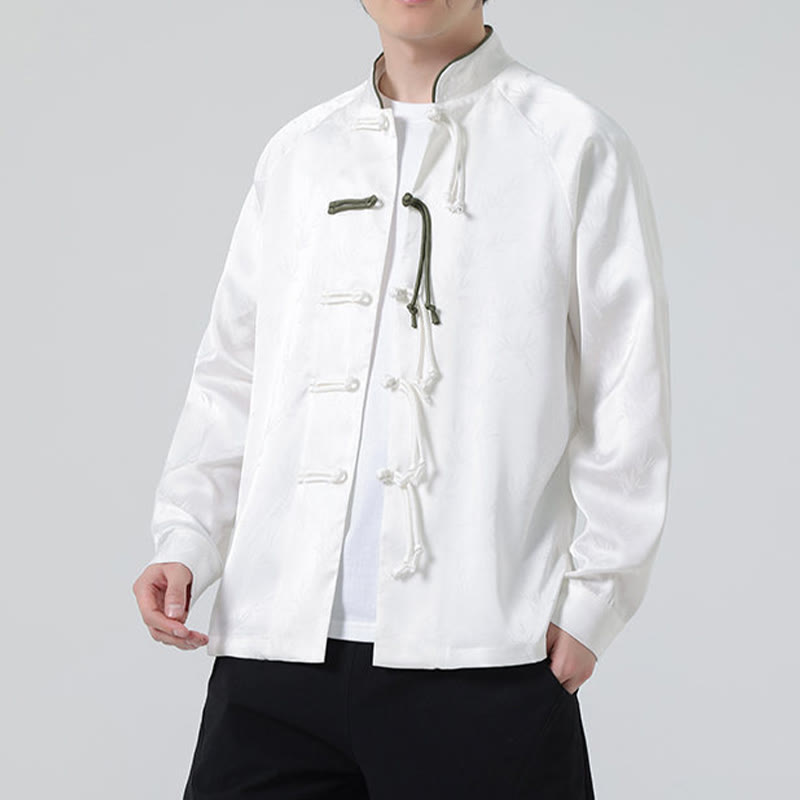 Buddha Stones春ジャカード竹の葉柄中国風カエルボタンデザインメンズ長袖シャツ - image 13