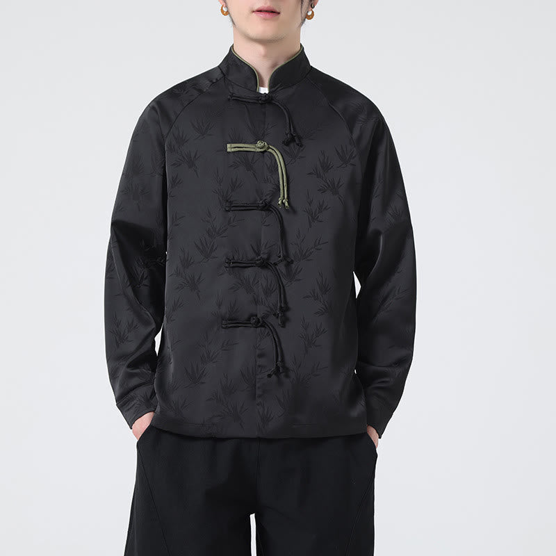 Buddha Stones春ジャカード竹の葉柄中国風カエルボタンデザインメンズ長袖シャツ - 黒 - US/UK/AU46、 EU56 (5XL) - image 18