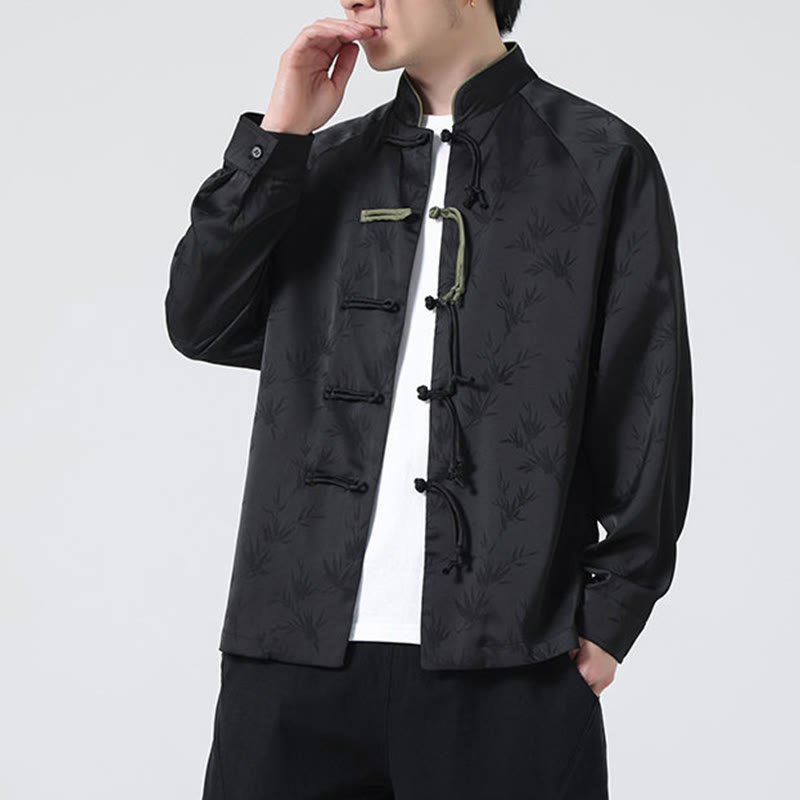 Buddha Stones春ジャカード竹の葉柄中国風カエルボタンデザインメンズ長袖シャツ - image 24