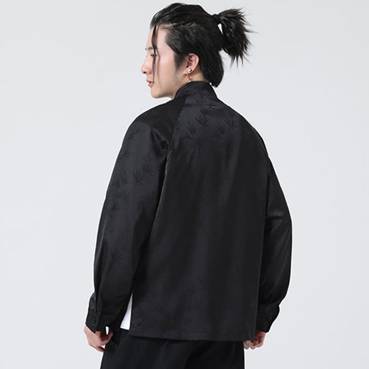 Buddha Stones春ジャカード竹の葉柄中国風カエルボタンデザインメンズ長袖シャツ - image 21