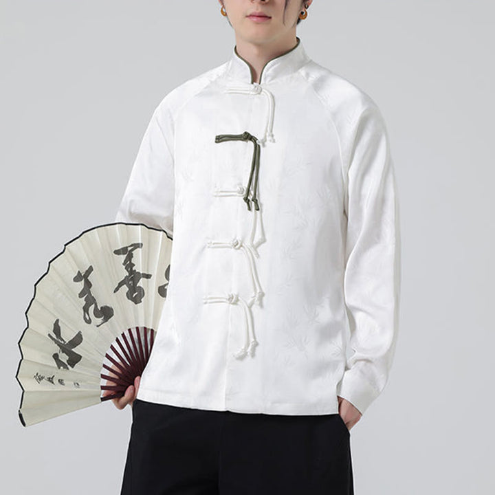 Buddha Stones春ジャカード竹の葉柄中国風カエルボタンデザインメンズ長袖シャツ - image 16