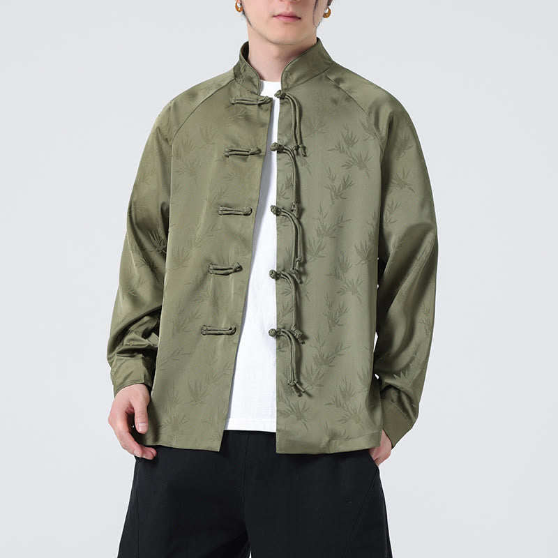 Buddha Stones春ジャカード竹の葉柄中国風カエルボタンデザインメンズ長袖シャツ - image 6