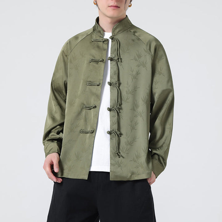 Buddha Stones春ジャカード竹の葉柄中国風カエルボタンデザインメンズ長袖シャツ - image 6