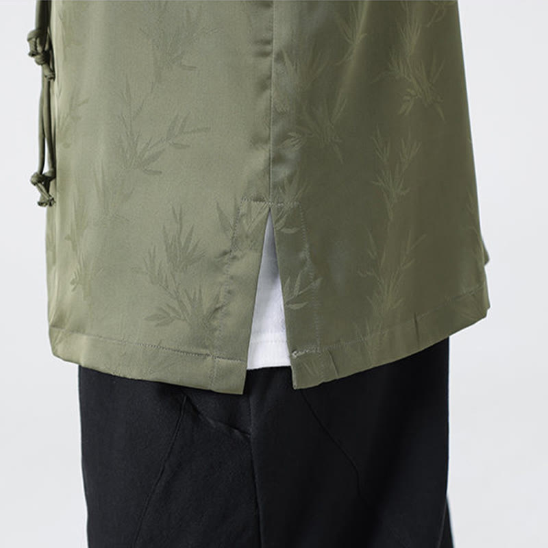 Buddha Stones春ジャカード竹の葉柄中国風カエルボタンデザインメンズ長袖シャツ - image 10