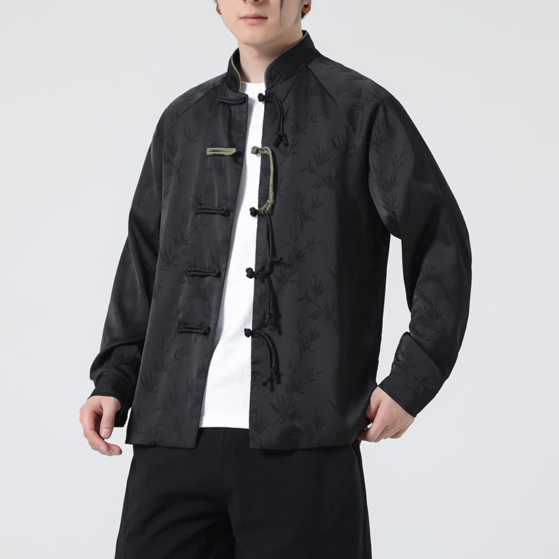 Buddha Stones春ジャカード竹の葉柄中国風カエルボタンデザインメンズ長袖シャツ - image 20