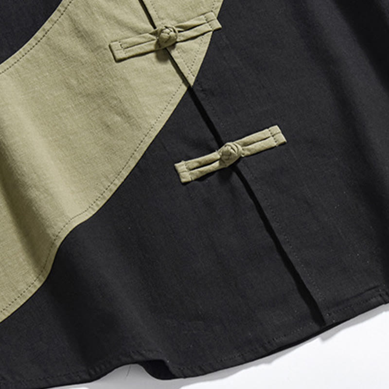 Buddha Stones春のカラーコントラスト 中国風フロッグボタンデザイン メンズ 半袖 コットンリネンシャツ - image 8