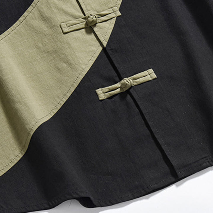 Buddha Stones春のカラーコントラスト 中国風フロッグボタンデザイン メンズ 半袖 コットンリネンシャツ - image 8